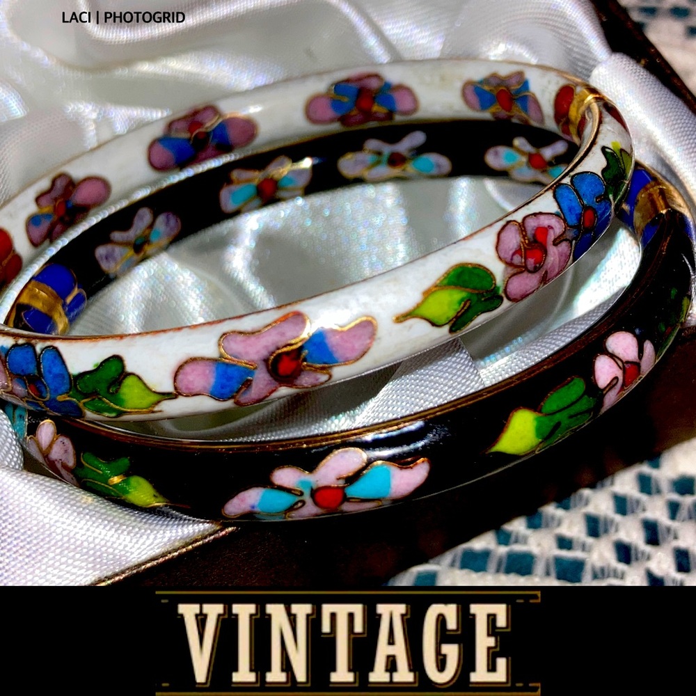 Cloisonné Vintage Bangles Pair 24k gold highlights. Porcelain over brass
